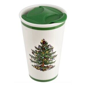 SPODE Ceramic Christmas Tree w/Garland + Mistletoe Travel 8oz Coffee Mug Cup NIB